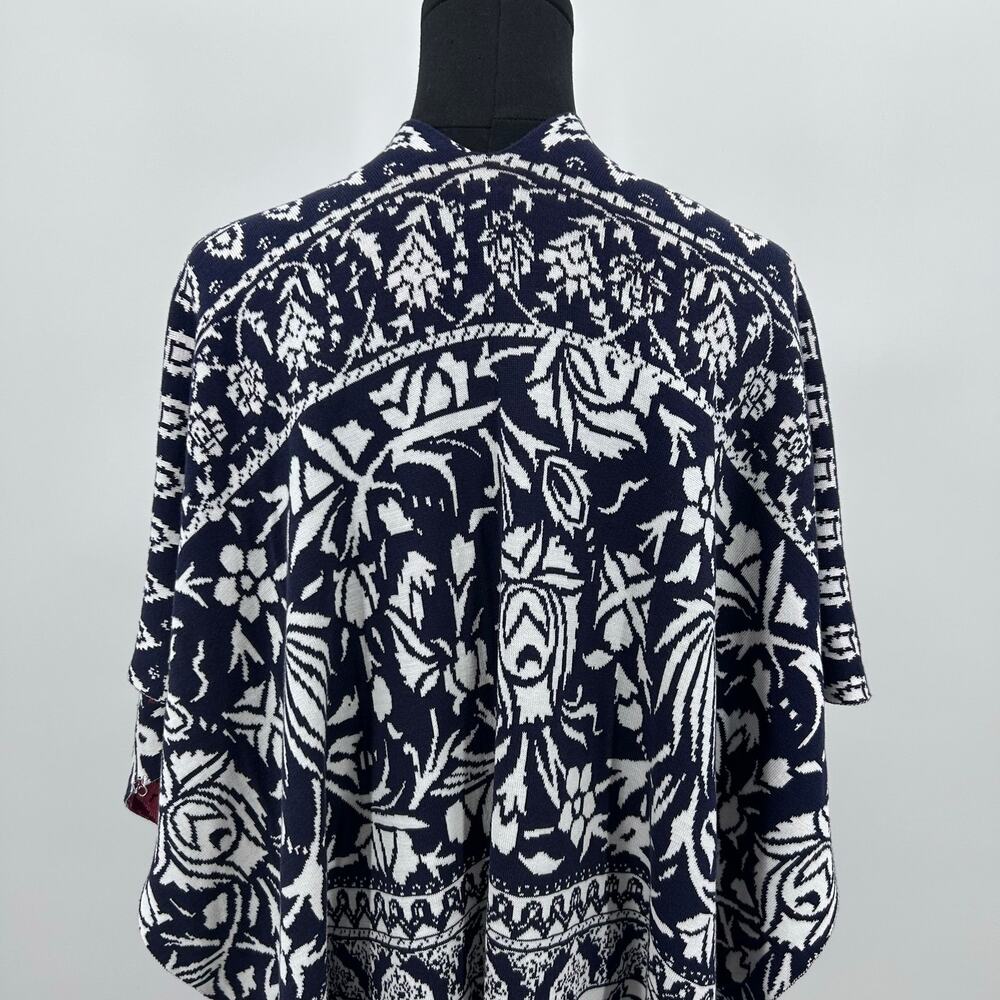 Chicos Silk Cotton Ruana Wrap OS Navy Red Floral Boho Poncho Cape Jacquard - Picture 9 of 11